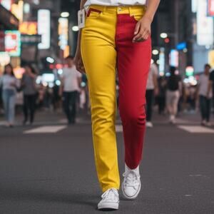 Womens Pants Size 7 Ketchup Mustard Red Yellow Skinny Leg Gem Button Unique NWT